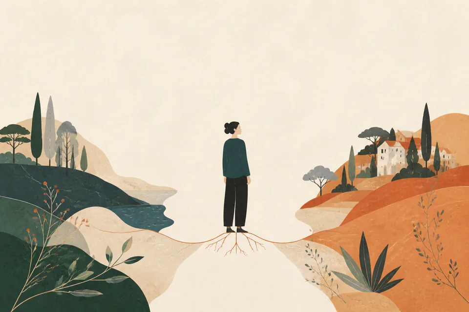 Illustration: Eine Frau steht zwischen zwei unterschiedlichen Landschaften, verbunden durch einen roten Faden.