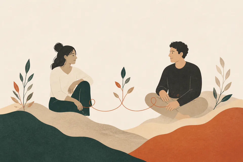 Illustration: Zwei Menschen sitzen sich ruhig gegenüber; ein roter Faden verbindet sie.